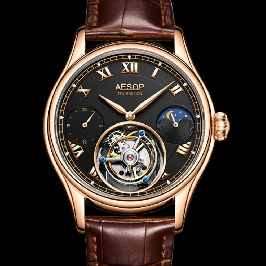 AESOP Flying Tourbillon Men's Mechanical Watch Watches Male Leather Gold Skeleton Watch for Men Man Luxury Clock Kit
AESOP Flying Tourbillon Men's Mechanical Watch Watches Male Leather Gold Skeleton Watch for Men Man Luxury Clock Kit