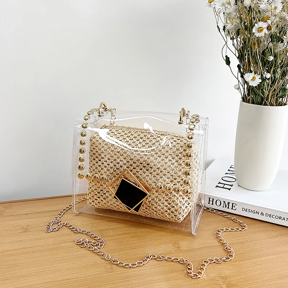 Summer Fashion Straw Shoulder Bag Rivet Chain Purse Tote PVC Women Crossbody Bag Purse for Traveling Shopping
Summer Fashion Straw Shoulder Bag Rivet Chain Purse Tote PVC Women Crossbody Bag Purse for Traveling Shopping