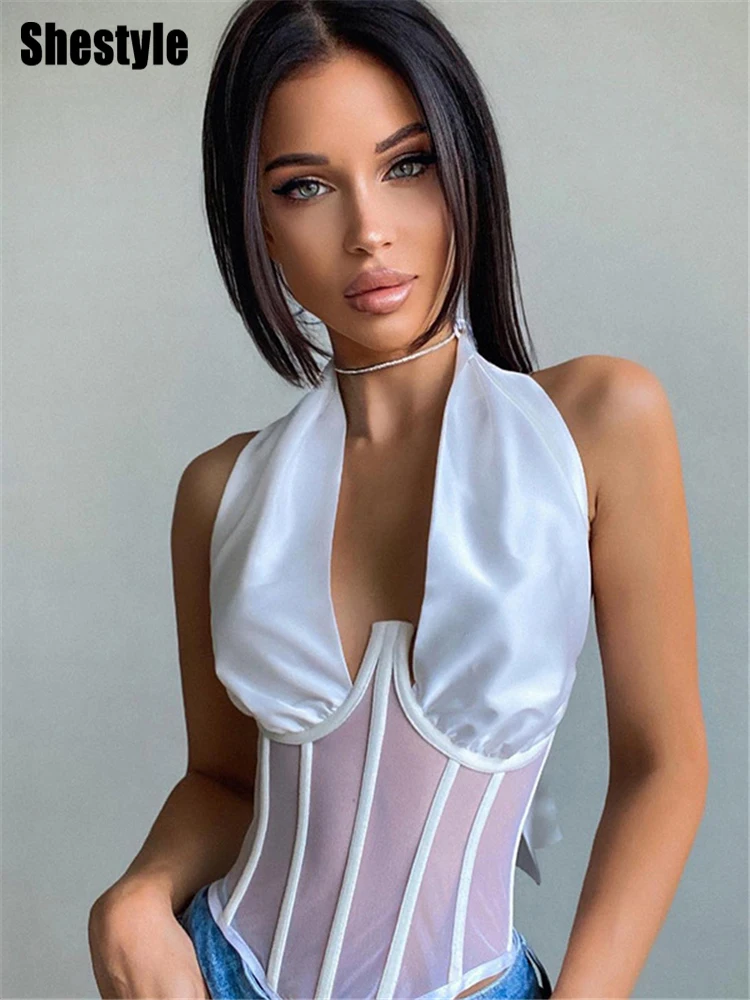 Shestyle Satin Corset Girdle Camis Women Chic Elegant White Deep V Neck Halter Bandage Fish Bone Wrap Vest Crop Top Dropshipping
Shestyle Satin Corset Girdle Camis Women Chic Elegant White Deep V Neck Halter Bandage Fish Bone Wrap Vest Crop Top Dropshipping