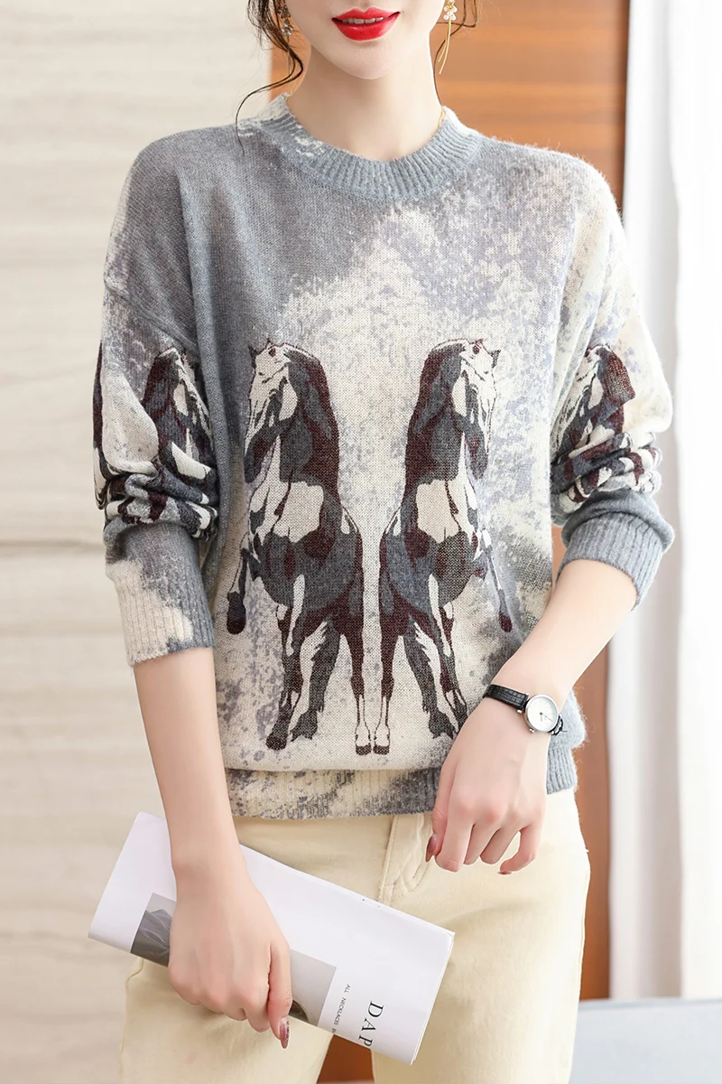 Свитер женский с принтом, Модный пуловер в Корейском стиле, Топ с длинным рукавом, мягкий тонкий вязаный свитер с круглым вырезом, весна-осень