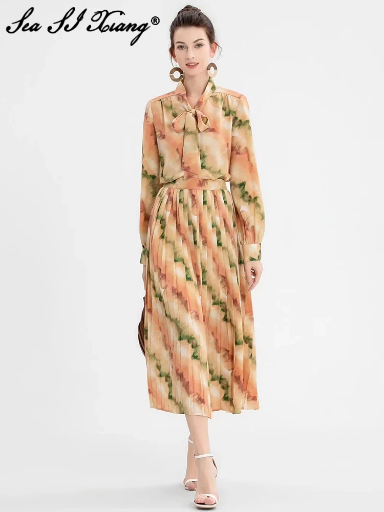 Seasixiang Fashion Designer Summer Suit Women Bow Collar Long Sleeves Shirt + Pleated Skirt Vintage Print Two Pieces Set
Seasixiang Fashion Designer Summer Suit Women Bow Collar Long Sleeves Shirt + Pleated Skirt Vintage Print Two Pieces Set