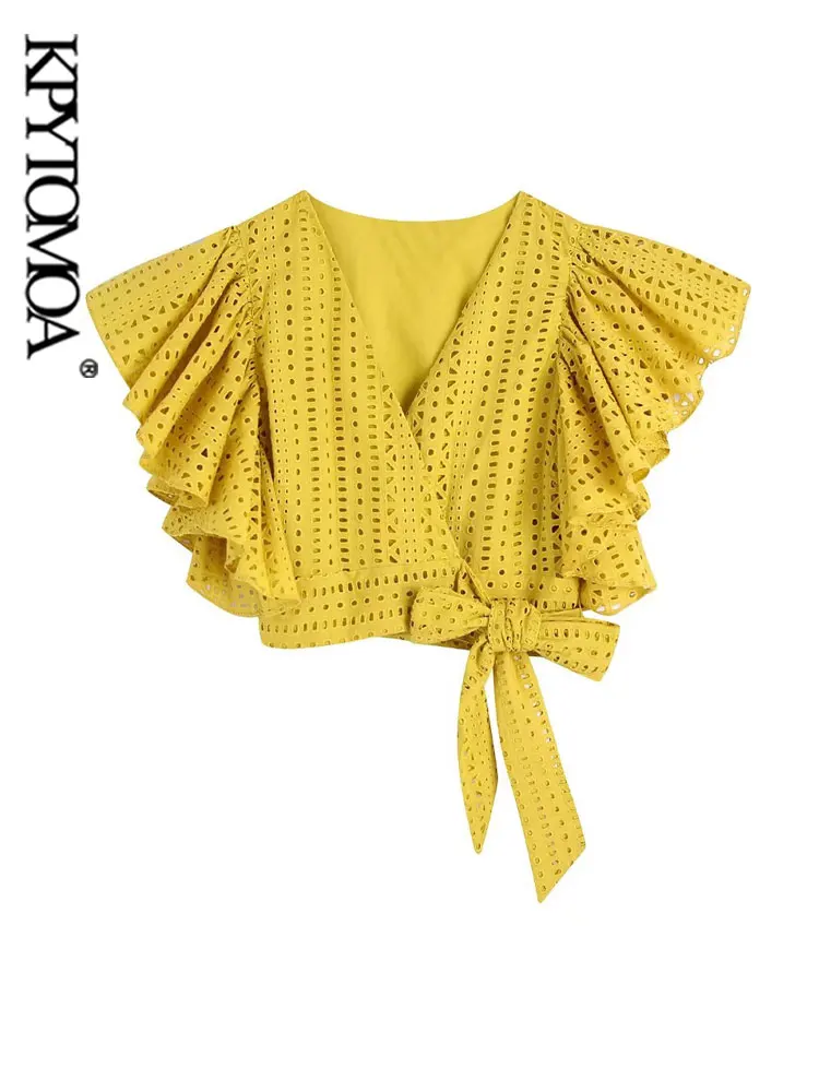 KPYTOMOA Women Fashion With Ties Cutwork Embroidered Crop Blouses Vintage Short Ruffled Sleeves Wrap Female Shirts Chic Tops
KPYTOMOA Women Fashion With Ties Cutwork Embroidered Crop Blouses Vintage Short Ruffled Sleeves Wrap Female Shirts Chic Tops