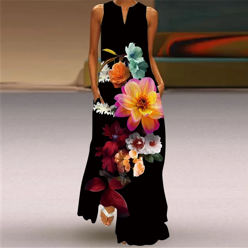 

Женское длинное платье без рукавов, черное повседневное пляжное платье с V-образным вырезом, элегантное винтажное платье с цветочным принтом для весны и лета