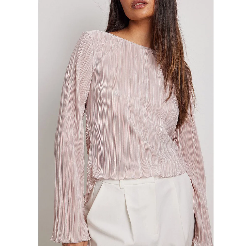 Pink Lace-Up Pleated Tops for Women Spring Summer Sexy Bodycon Long Sleeve Backless Blouses Female O-Neck Top 
Pink Lace-Up Pleated Tops for Women Spring Summer Sexy Bodycon Long Sleeve Backless Blouses Female O-Neck Top