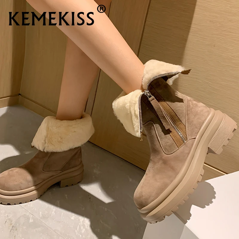 

KemeKiss New Women Ankle Boots 2023 Real Leather Ins Plush Fur Warm Snow Boots Fashion Ladies Shoes Footwear Size 34-40