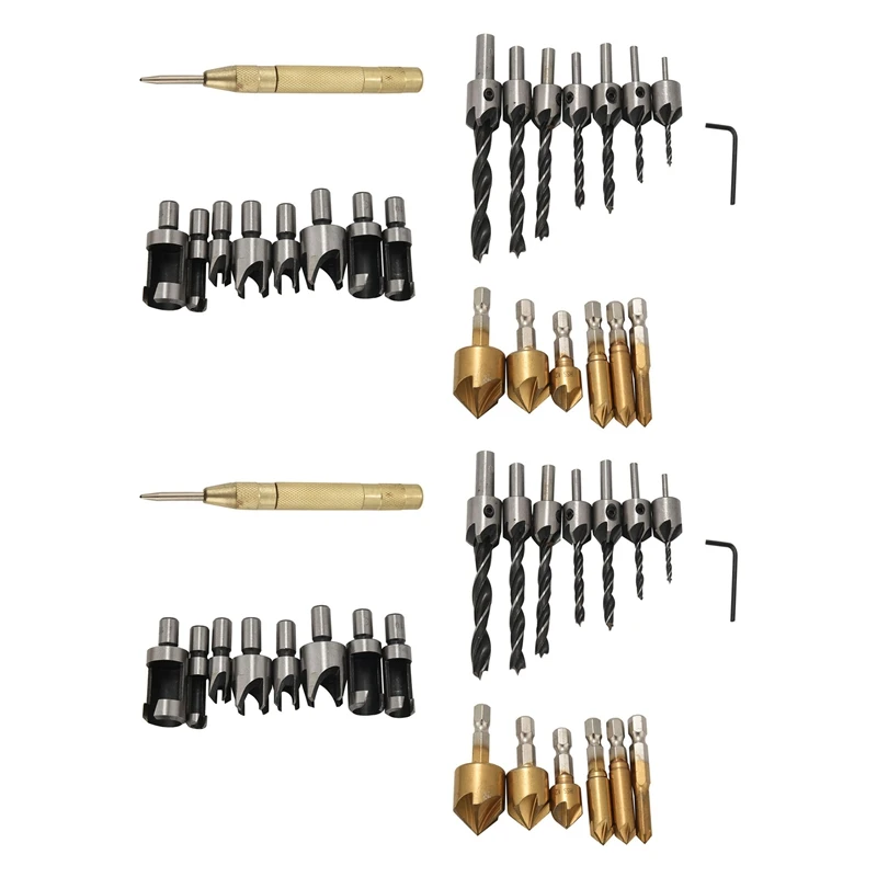 16Pcs Wood Plug Cutter,12Pcs 1/4 Inch Hex 5 Flute 90 Degree Countersink Drill Bits,14Pcs Three Pointed Countersink Bit
16Pcs Wood Plug Cutter,12Pcs 1/4 Inch Hex 5 Flute 90 Degree Countersink Drill Bits,14Pcs Three Pointed Countersink Bit