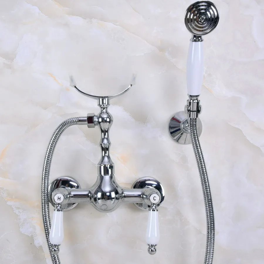 

Polished Chrome Brass Wall Mounted Bathtub Clawfoot Tub Bathroom Hand Held Shower Head Faucet Set W/ Bracket Wall Fixture ana268