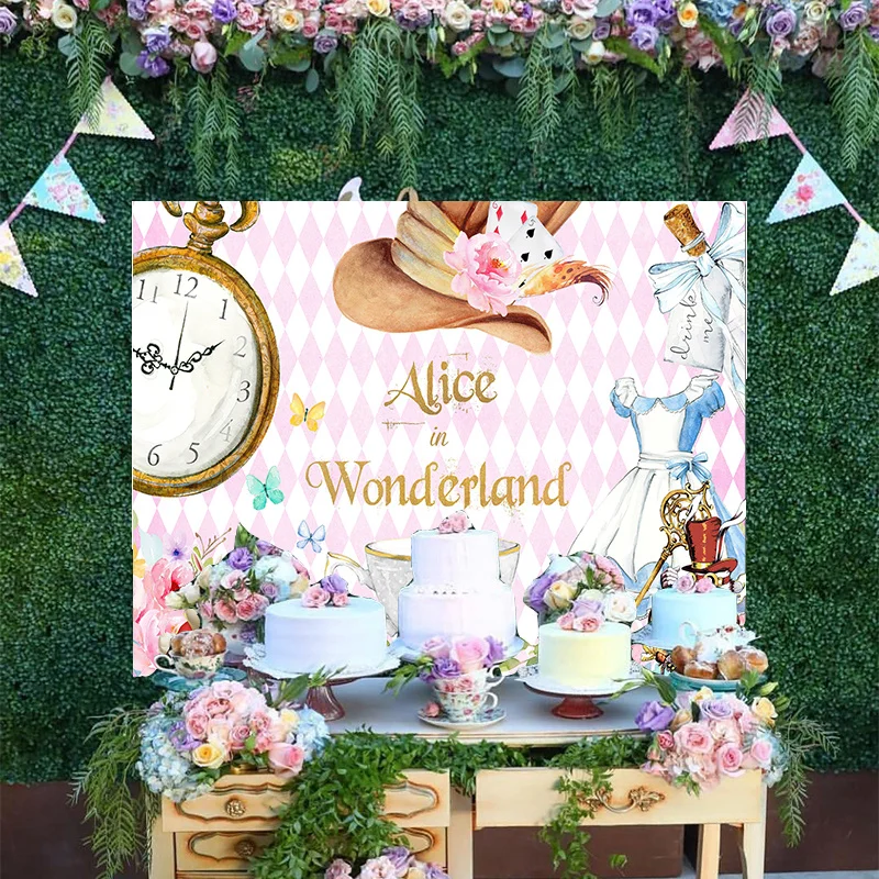 

Cartoon Playing Cards Flower Backdrop Alice In Wonder Disney Magic World Princess Happy Birthday Party Decoration Background