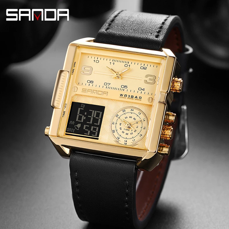 

SANDA Luxury Gold Dial Mens Watches Fashion Square Dial Design Outdoor Sports Simple Watch Luminous Waterproof Reloj Hombre 6023