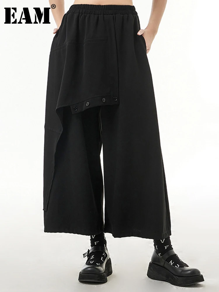 

[EAM] Черные Асимметричные Длинные широкие брюки с высокой эластичной талией, новые свободные брюки, женские модные демисезонные 2023 1DE7095