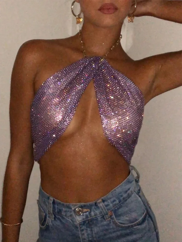 

Sexy Women Diamonds Mesh Cropped Tank Top Shiny Rhinestone Fishnet Net Backless See Through Camisole Rave Party Club Crop Top