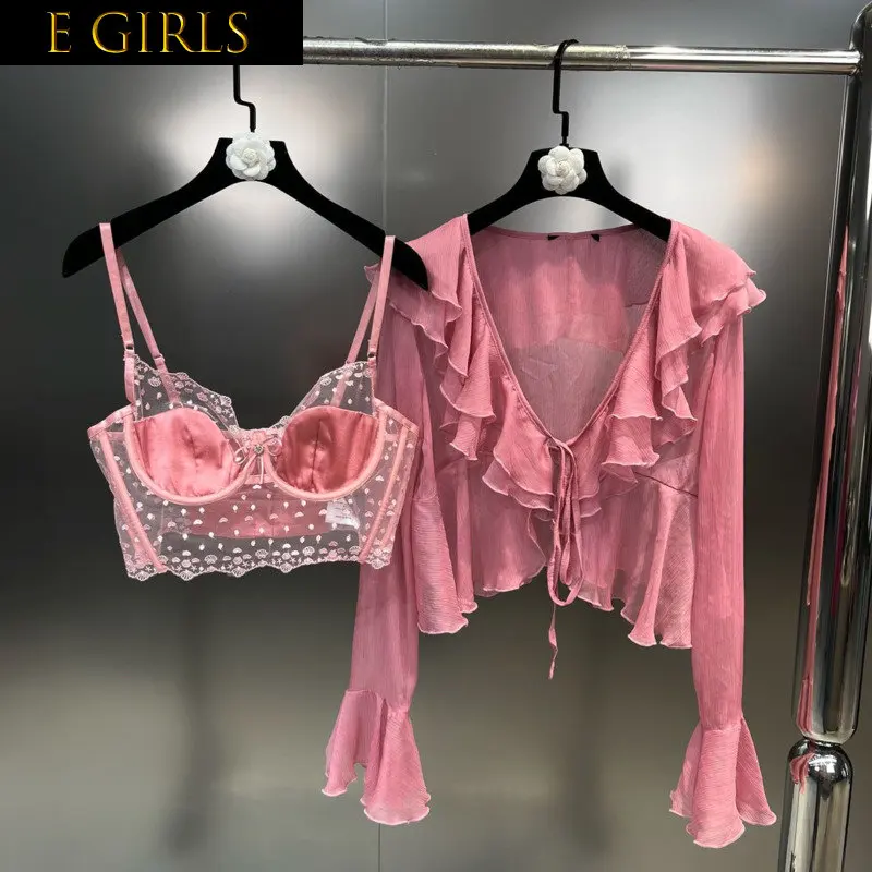 E GIRLS New Arrival Long Flare Sleeve Ruffles V Neck Drawstring Lace Up Chiffon Shirt Lace Polka Dot Camis Two Piece Set GH546
E GIRLS New Arrival Long Flare Sleeve Ruffles V Neck Drawstring Lace Up Chiffon Shirt Lace Polka Dot Camis Two Piece Set GH546