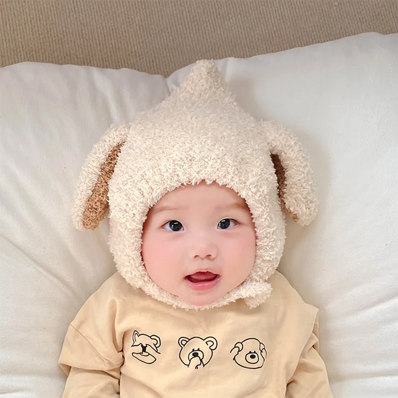 

Милая Детская шапка-ушанка с мультяшными кроличьими ушками, теплая плюшевая шапка для младенцев, мальчиков и девочек, зимняя однотонная детская Пушистая Шапка с защитой ушей