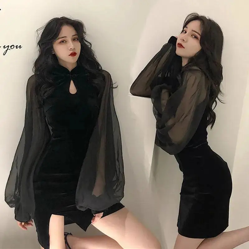 New Black Velvet Dress Women Elegant Mesh Lantern Sleeve Mini Dress Fashion Female Slim Sexy Split Women Party Vintage Dress
New Black Velvet Dress Women Elegant Mesh Lantern Sleeve Mini Dress Fashion Female Slim Sexy Split Women Party Vintage Dress