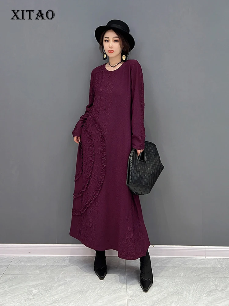 

XITAO Fashion Casual Dress Loose Simplicity Solid Color Asymmetrical Edible Tree Fungus Splicing Hem Autumn New WLD9191