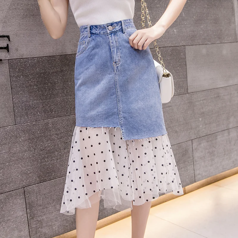 #4929 Polka Dot Mesh Spliced Denim Skirts Womens Asymmetrical A Line Mermaid Skirt Korean Style High Waisted Jeans Skirt
#4929 Polka Dot Mesh Spliced Denim Skirts Womens Asymmetrical A Line Mermaid Skirt Korean Style High Waisted Jeans Skirt