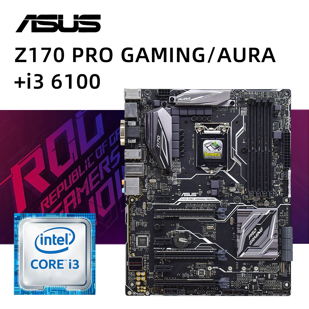 

LGA 1151 Motherboard kit ASUA Z170 PRO GAMING /AURA+i3-6100 cpu USB 3.1 SATA III PCI-E 3.0 HDMI M.2 Intel Z170 Motherboard ATX