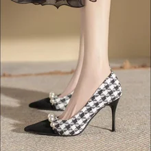 New Women High Heels Dress Shoes Houndstooth Pumps Black Toe Costume Tweed Boat Shoes Pearls Designer Shoes Dress Work Shoes