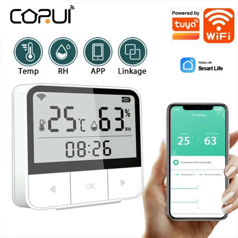 Умный комнатный гигрометр-термометр CORUI WiFi Tuya, датчик температуры и влажности, работает с Smart Life Alexa Google Home
Умный комнатный гигрометр-термометр CORUI WiFi Tuya, датчик температуры и влажности, работает с Smart Life Alexa Google Home