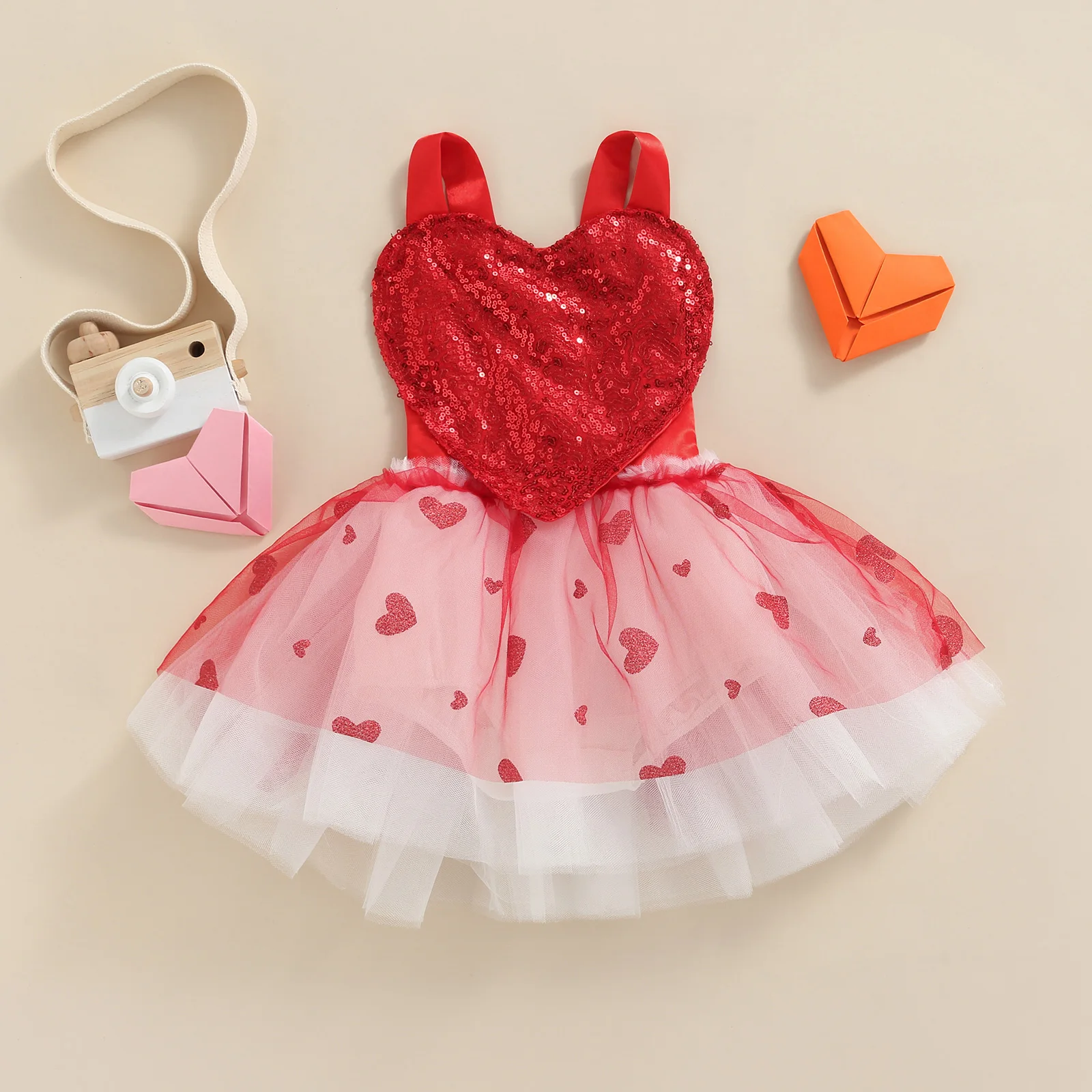 

Summer Valentine's Day Infant Baby Girls Bodysuit Dress Suspender Sequin Love Heart Jumpsuit Layered Tutu Mesh Skirt
