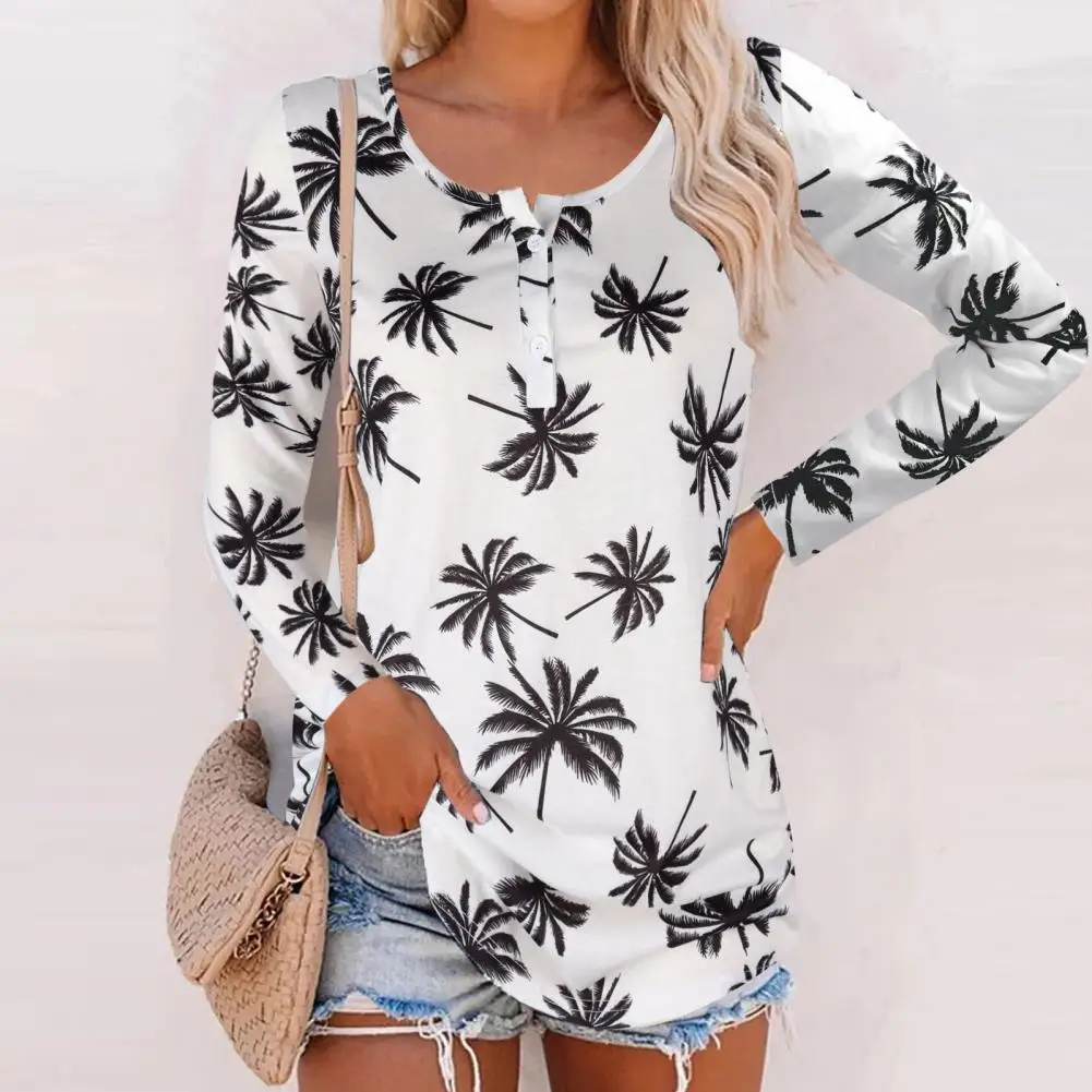 O-Neck Long Sleeve Buttons Half Placket Women Blouse Autumn Coconut Tree Print Loose Fit Autumn Top Streetwear Roupas Femininas 
O-Neck Long Sleeve Buttons Half Placket Women Blouse Autumn Coconut Tree Print Loose Fit Autumn Top Streetwear Roupas Femininas