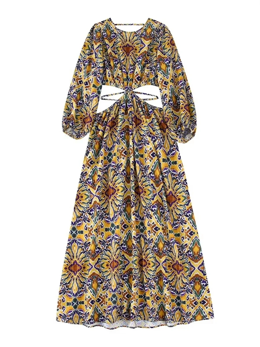 Women Chic Print Hollow Out Backless Bandage Dress 2022 Summer New Full Sleeves Pleated Empire Waist Vintage Vestidos Mujur
Women Chic Print Hollow Out Backless Bandage Dress 2022 Summer New Full Sleeves Pleated Empire Waist Vintage Vestidos Mujur