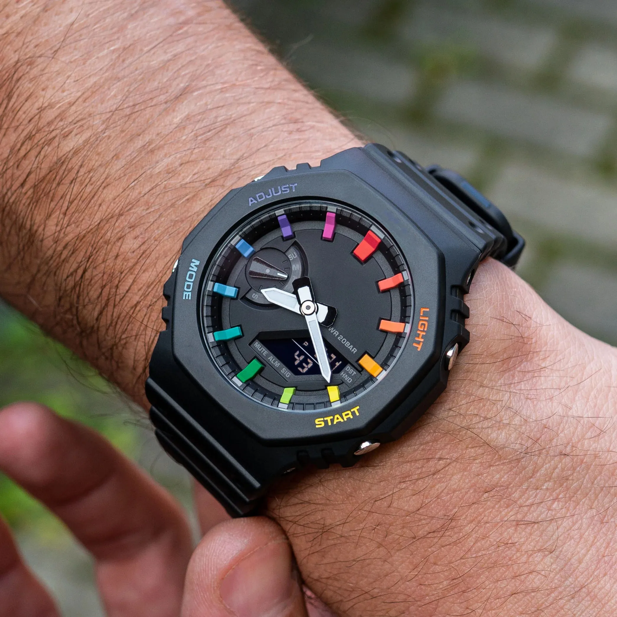 

Оригинальные часы Shock, Цифровые Спортивные кварцевые мужские часы 2100, полнофункциональные часы со светодиодной подсветкой черного цвета, радужная дубовая серия