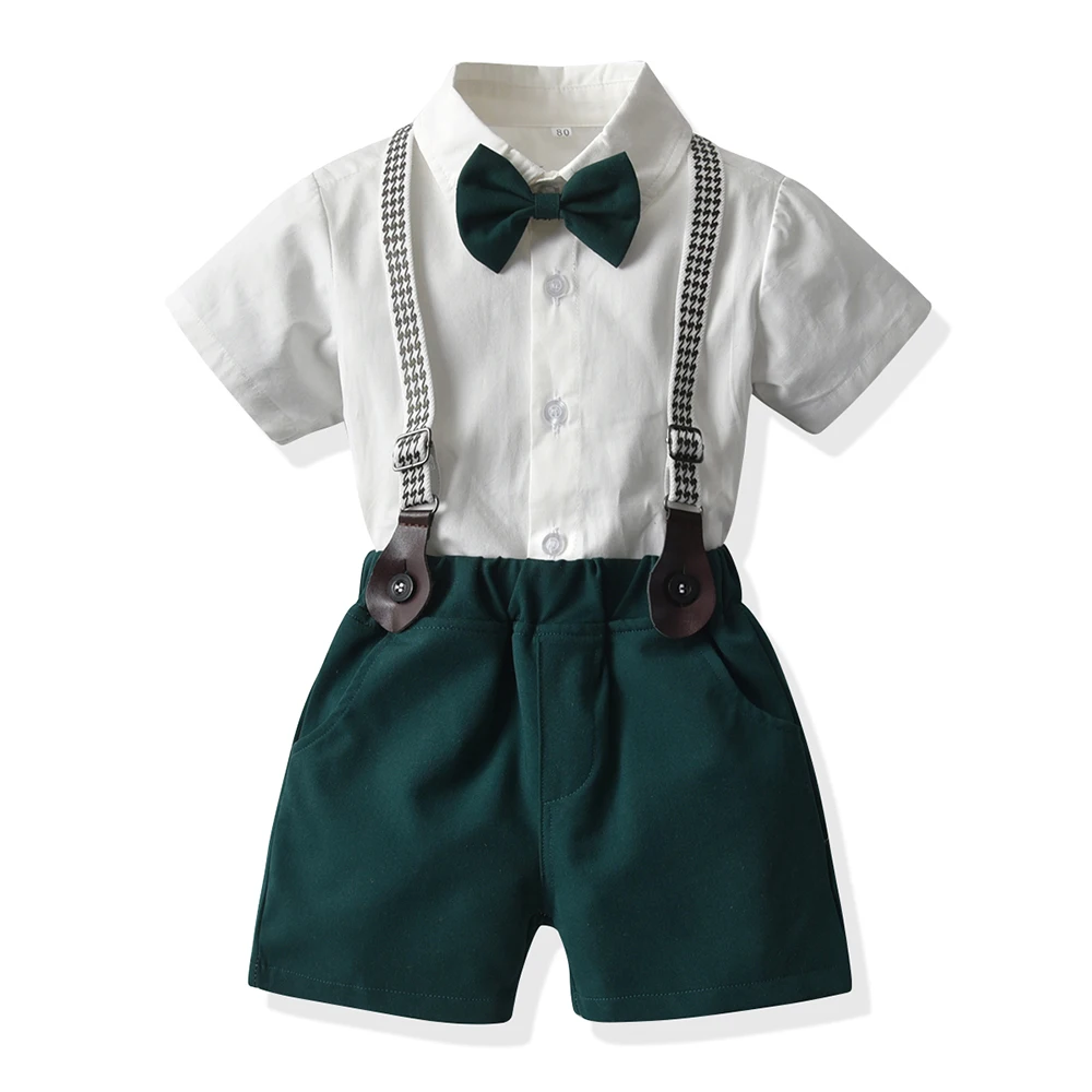 

Kids Boy Summer Clothing Set Green High Quality Gentleman Baby Boys Clothes Suit T-Shirt+Belt Pants+Tie Gentlemen Boy Clothing