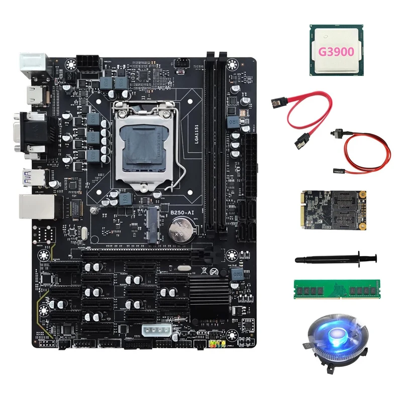 Материнская плата B250 V2.1 ETH Miner 12PCIE + G3900 ЦП + DDR4 4 ГБ ОЗУ + 128G MSATA SSD + вентилятор + кабель SATA + кабель переключателя + термопаста
Материнская плата B250 V2.1 ETH Miner 12PCIE + G3900 ЦП + DDR4 4 ГБ ОЗУ + 128G MSATA SSD + вентилятор + кабель SATA + кабель переключателя + термопаста