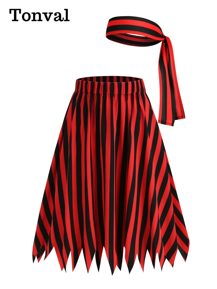 

Tonval Red and Black Stripes Elastic Waist Gothic Club Clothes Halloween Women Raw Hem Vintage Style A-Line Midi Skirt