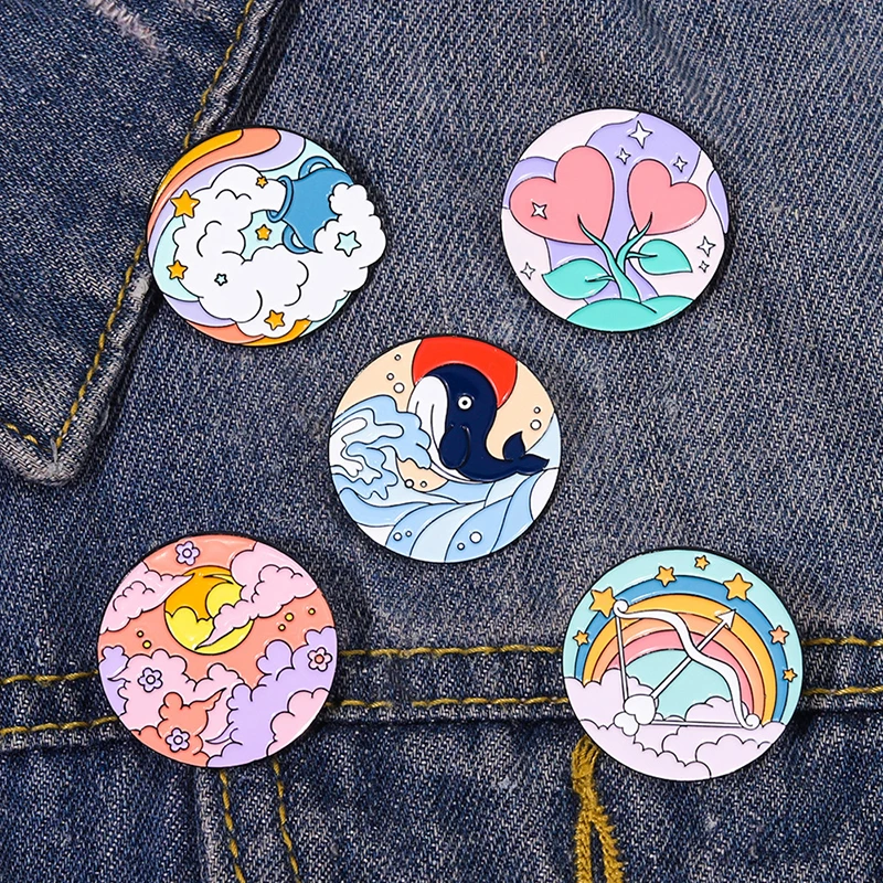 

Nature Oil Painting Enamel Pins Custom Rainbow Sunset Clouds Ocean Whale Flower Brooch Lapel Badge Jewelry Gift for Kids Friends