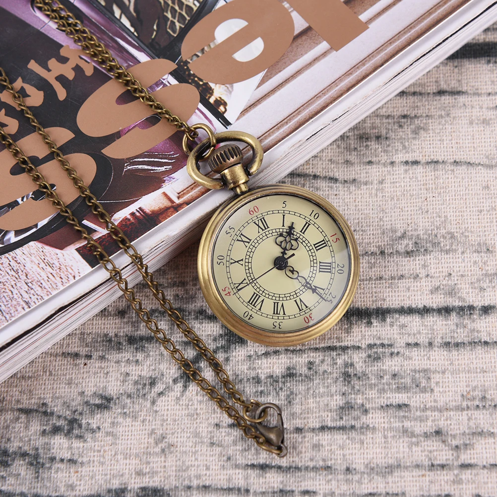 

1PC Simple Vintage Style Steampunk Beige Dial Roman Numbers Small Pocket Watch Necklace Pendant