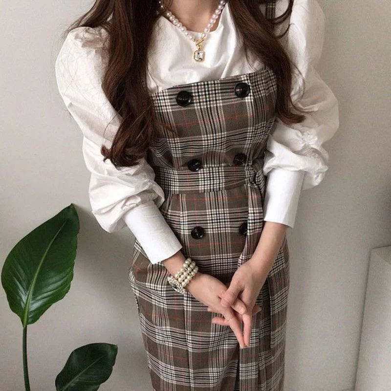 Rachel Dress Korean Autumn Chic Simple Puff Sleeve Bottom Shirt Double Breasted Lattice Lace Slit Suspender Strap Dresses Lady
Rachel Dress Korean Autumn Chic Simple Puff Sleeve Bottom Shirt Double Breasted Lattice Lace Slit Suspender Strap Dresses Lady