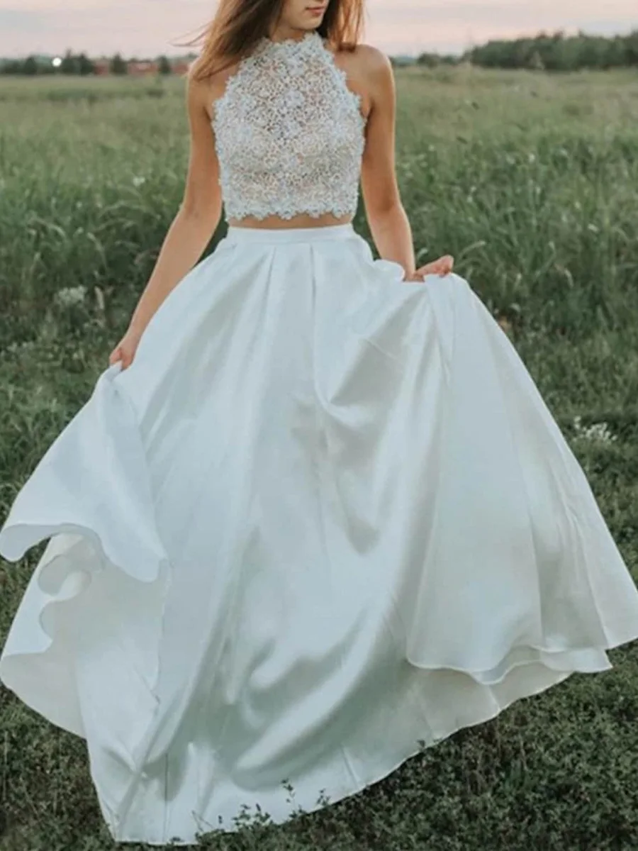 Two Pieces Country Wedding Dress A-Line Illusion Open Back Appliques Lace Bridal Gown 
Two Pieces Country Wedding Dress A-Line Illusion Open Back Appliques Lace Bridal Gown