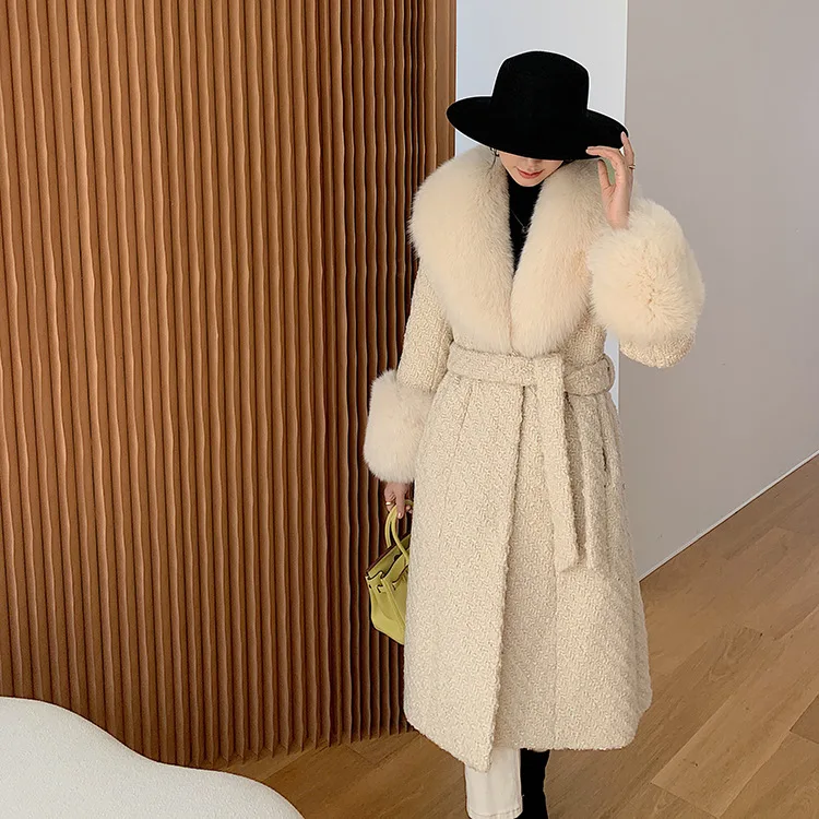 

Winterjas Dames 2022 Gorgeous Genuine Fox Fur Collar Warm Long Woolen Coat For Women Thicker Belted Wool Jacket With Fur Cuff