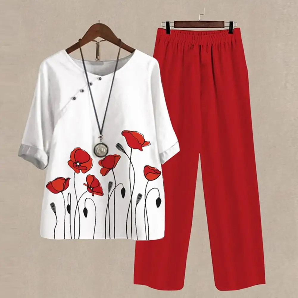 2 Pcs/Set Women T-shirt Pants Set Flower Print Solid Color Elastic Waist Wide Leg Loose Half Sleeves Summer Top Pants Suit Women
2 Pcs/Set Women T-shirt Pants Set Flower Print Solid Color Elastic Waist Wide Leg Loose Half Sleeves Summer Top Pants Suit Women