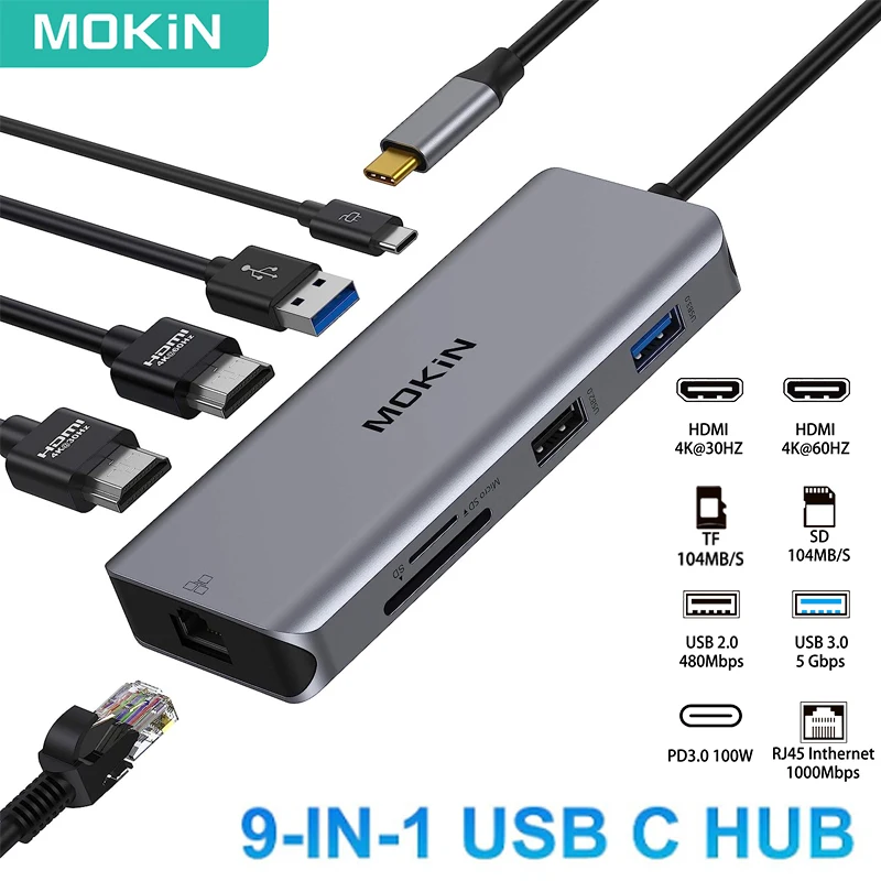 MOKiN 9 IN 1 USB C Dual HDMI Adapter 4K 60hz Type C Hub 100W PD Ethernet Display Multiport for Lenovo Surface Dell USB Adapter
MOKiN 9 IN 1 USB C Dual HDMI Adapter 4K 60hz Type C Hub 100W PD Ethernet Display Multiport for Lenovo Surface Dell USB Adapter