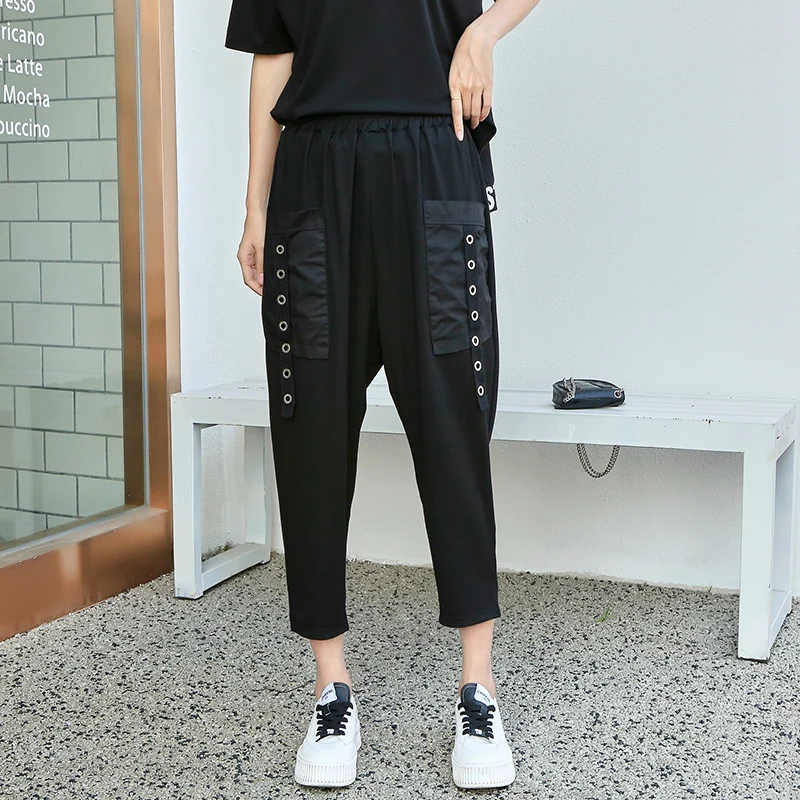 

230323 Women Solid Casual Cropped Trousers Korea Summer New Arrival Personality Fashion All Match Elasti Waist Calf-length Pant