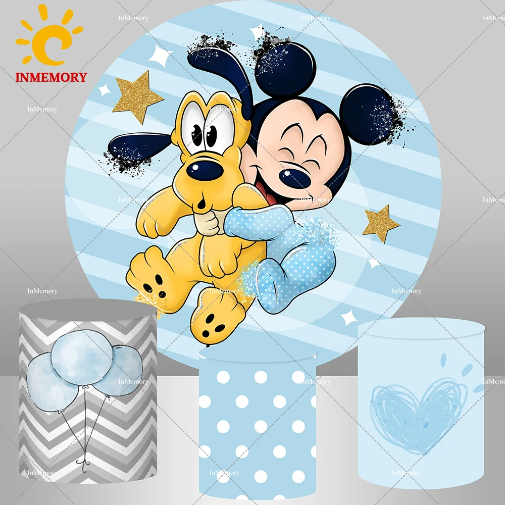 

Baby Mickey Mouse Baby Shower Round Backdrop Cover Blue Stripes Boy 1st Birthday Circle Banner Background Balloon Cylinder Cover