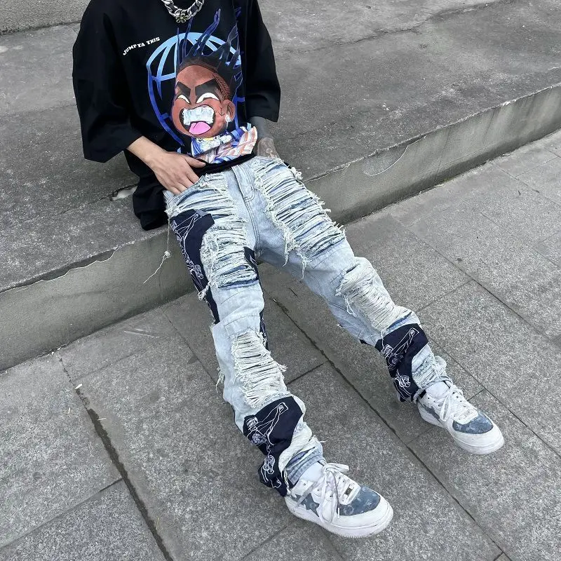 Fashion Streetwear Mens Washed Knife Cut Damaged Patch Ripped Jeans Stitching Men's and Women's Straight Loose Wide Leg Pant
Fashion Streetwear Mens Washed Knife Cut Damaged Patch Ripped Jeans Stitching Men's and Women's Straight Loose Wide Leg Pant
