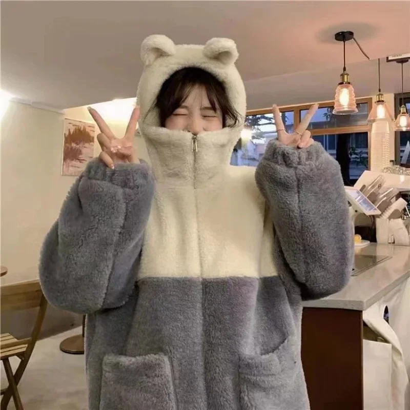 Толстовка Женская на молнии, милый свитшот в стиле Харадзюку, Худи оверсайз из искусственного овечьего флиса, милая мягкая верхняя одежда в Корейском стиле для девушек 
Толстовка Женская на молнии, милый свитшот в стиле Харадзюку, Худи оверсайз из искусственного овечьего флиса, милая мягкая верхняя одежда в Корейском стиле для девушек