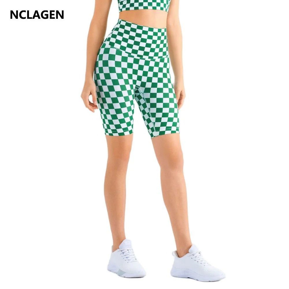 

NCLAGEN Yoga Women Sports Shorts High Waist Checkerboard Yoga Capris NO Front Seam Fitness Leggings GYM Workout Elastic bottoms