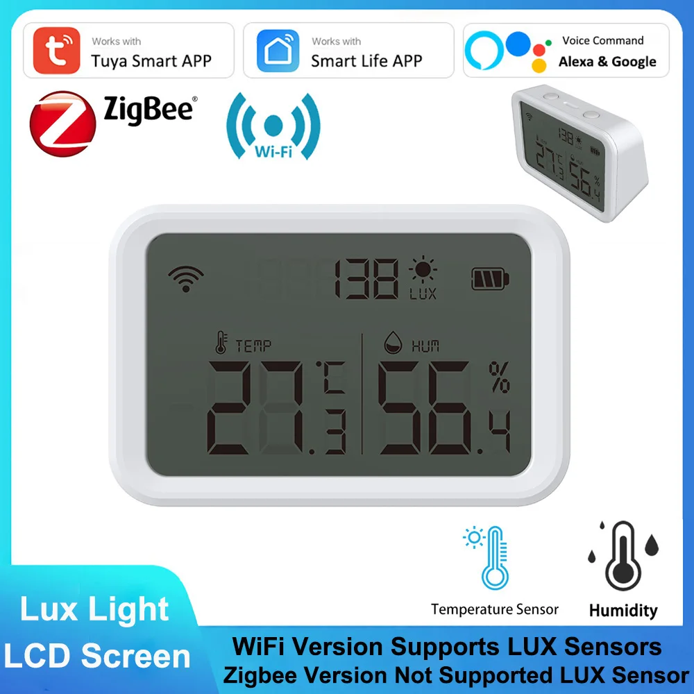 Tuya ZigBee WIFI Temperature and Humidity Sensor Detector Lux Light LCD Screen Intensity Hygrometer Thermometer Alexa Google
Tuya ZigBee WIFI Temperature and Humidity Sensor Detector Lux Light LCD Screen Intensity Hygrometer Thermometer Alexa Google
