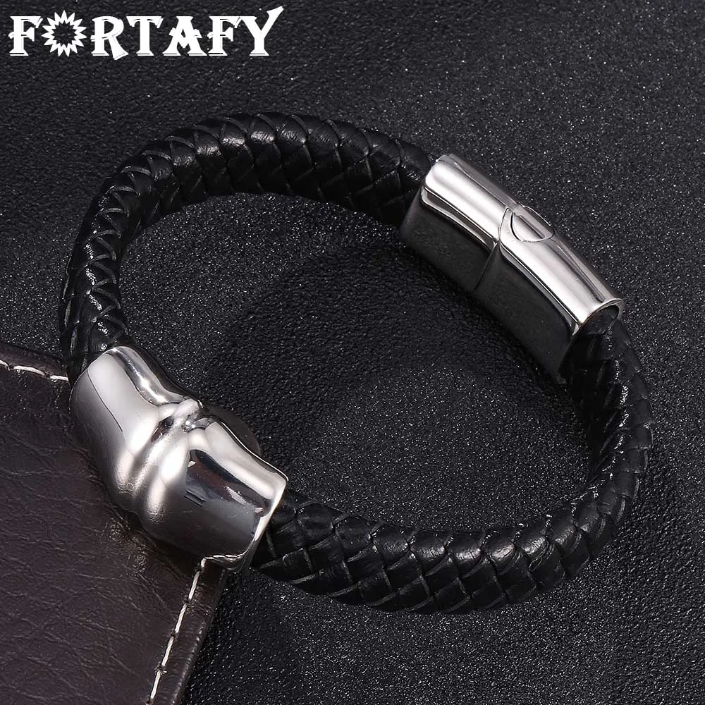 

FORTAFY Punk Men Jewelry Black Braided Leather Wrist Bracelet Male Stainless Steel Magnet Clasp Trendy Woven Wristband FR0475