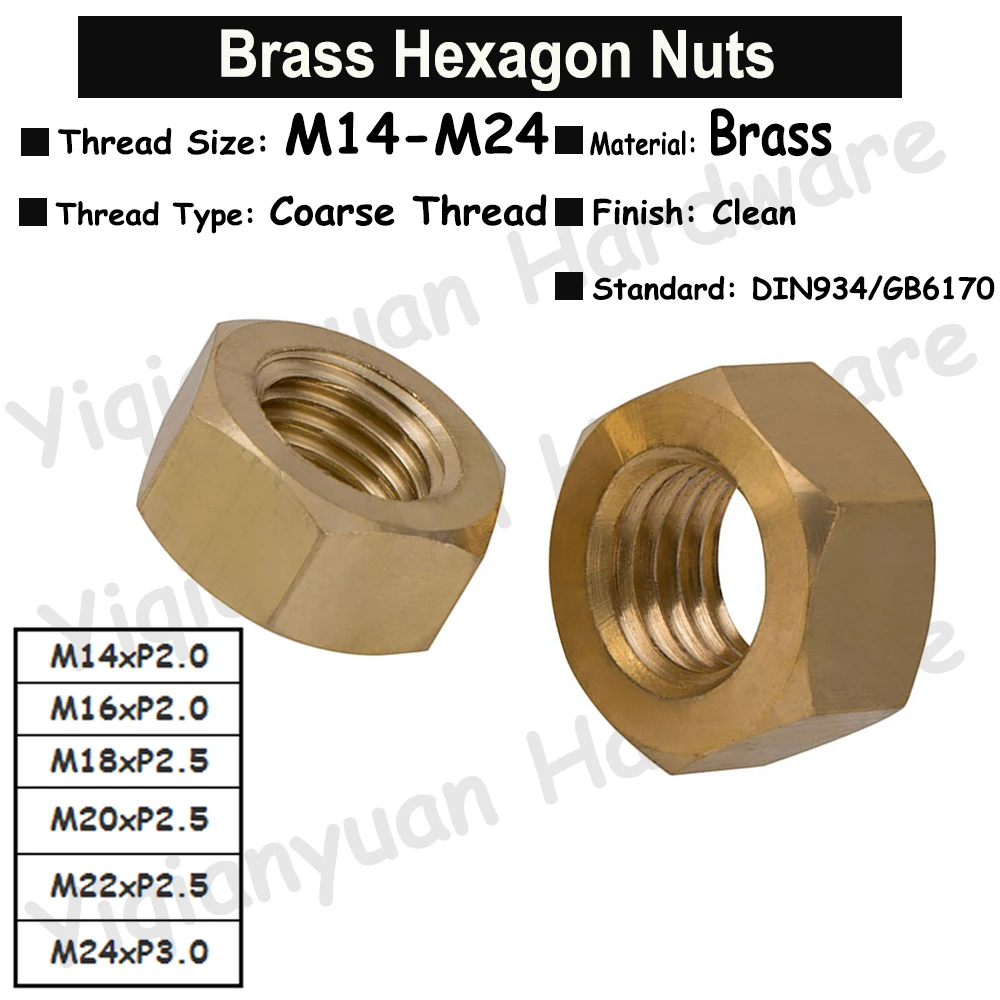 

DIN934 GB6170 Solid Brass Hexagon Nuts M14 M16 M18 M20 M22 M24 Metric Coarse Thread Copper Large Size Hex Nuts for Screws Bolts