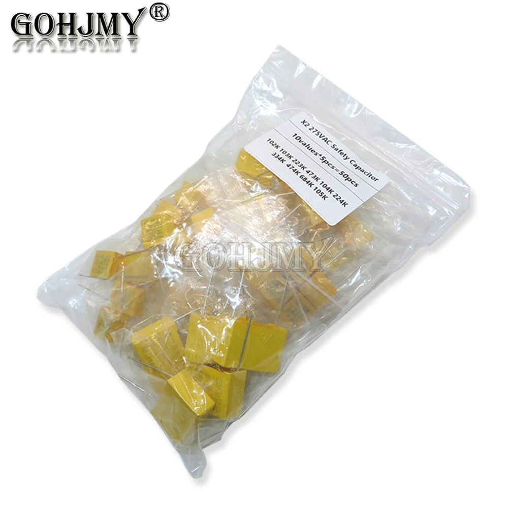 50Pcs Safety Capacitor Kit 275VAC X2 Series 10 Values 102K-105K Polypropylene Film Capacitors Assorted Set
50Pcs Safety Capacitor Kit 275VAC X2 Series 10 Values 102K-105K Polypropylene Film Capacitors Assorted Set