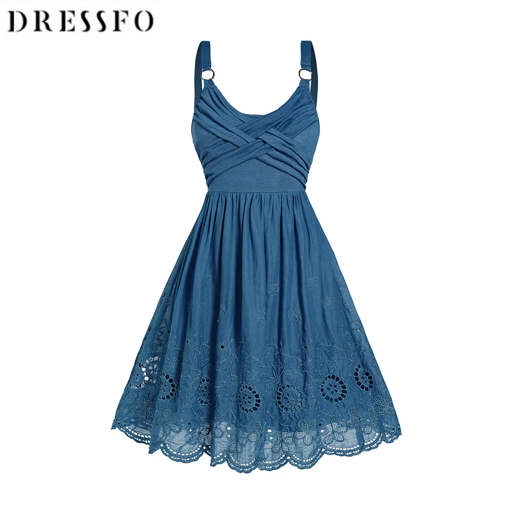 

Women Dress Hollow Out Flower Embroidery A Line Dress Scalloped Hem Crossover O Ring Strap Sleeveless Mini Casual Summer Dress