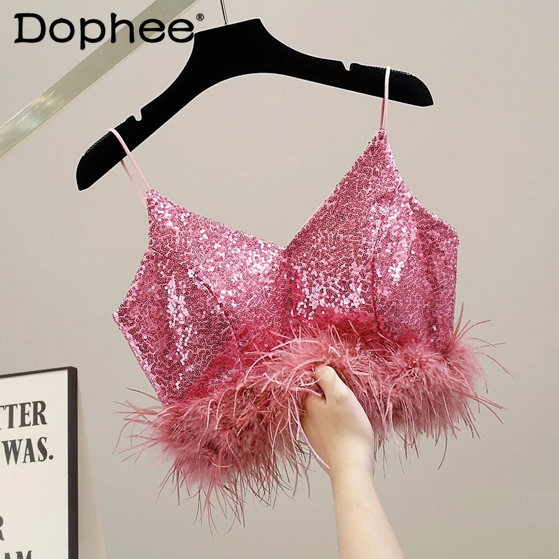 Fashion Feather Tassel Stitching Full Sequin Sling Camisole for Women 2022 Summer Crop Top Back Zipper Short Dance Show Clothing
Fashion Feather Tassel Stitching Full Sequin Sling Camisole for Women 2022 Summer Crop Top Back Zipper Short Dance Show Clothing