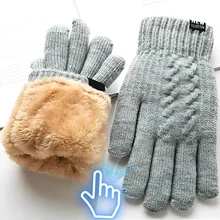 New Mens Warm Full Finger Gloves Winter Touchscreen Plus Fleece Gloves Woman Thickening Wool Knitted Cycling Driving Gloves