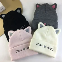Cute Cat Embroidered Knitted Hat Outdoor Warm Ear Protection Cat Ears Wool Cap Over Head Cold Cap Street Beanies Cap Penny Cap